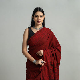 Red - Hand Block Printed Cotton Bagh Saree 11