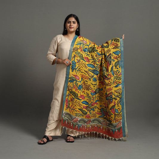 Yellow - Chanderi Silk Srikalahasti Handpainted Pen Kalamkari Dupatta 27