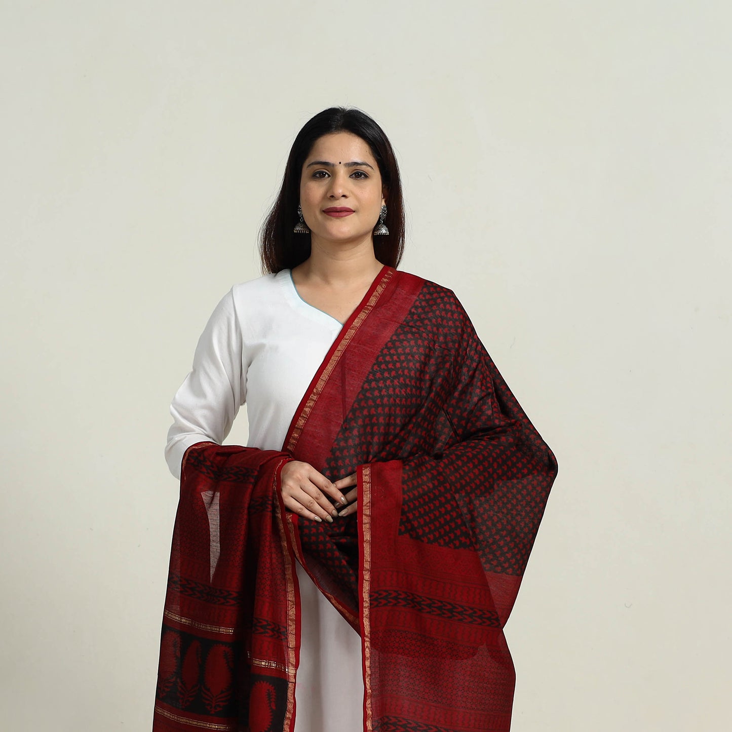 Red - Natural Dyed Hand Block Print Chanderi Silk Bagh Dupatta 17