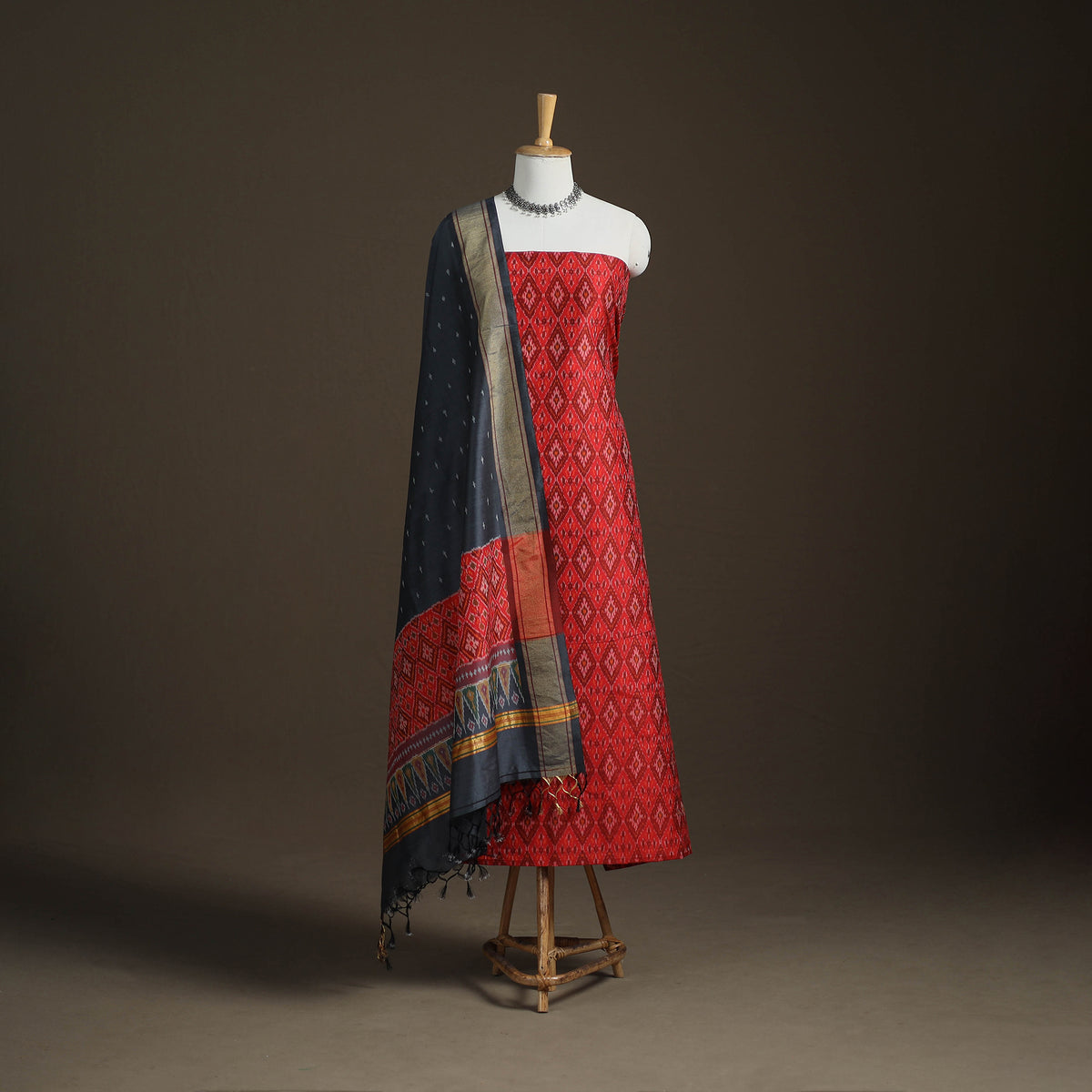 Pochampally Ikat Handloom Sico Unstitched Dress Material: Kurta with Dupatta 05