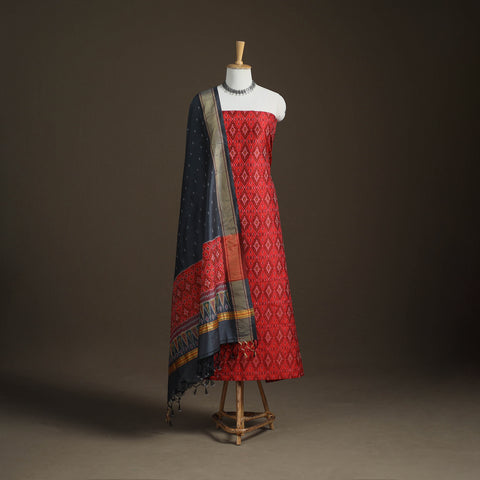 Red - Pochampally Ikat Handloom Sico Unstitched Dress Material: Kurta with Dupatta 05