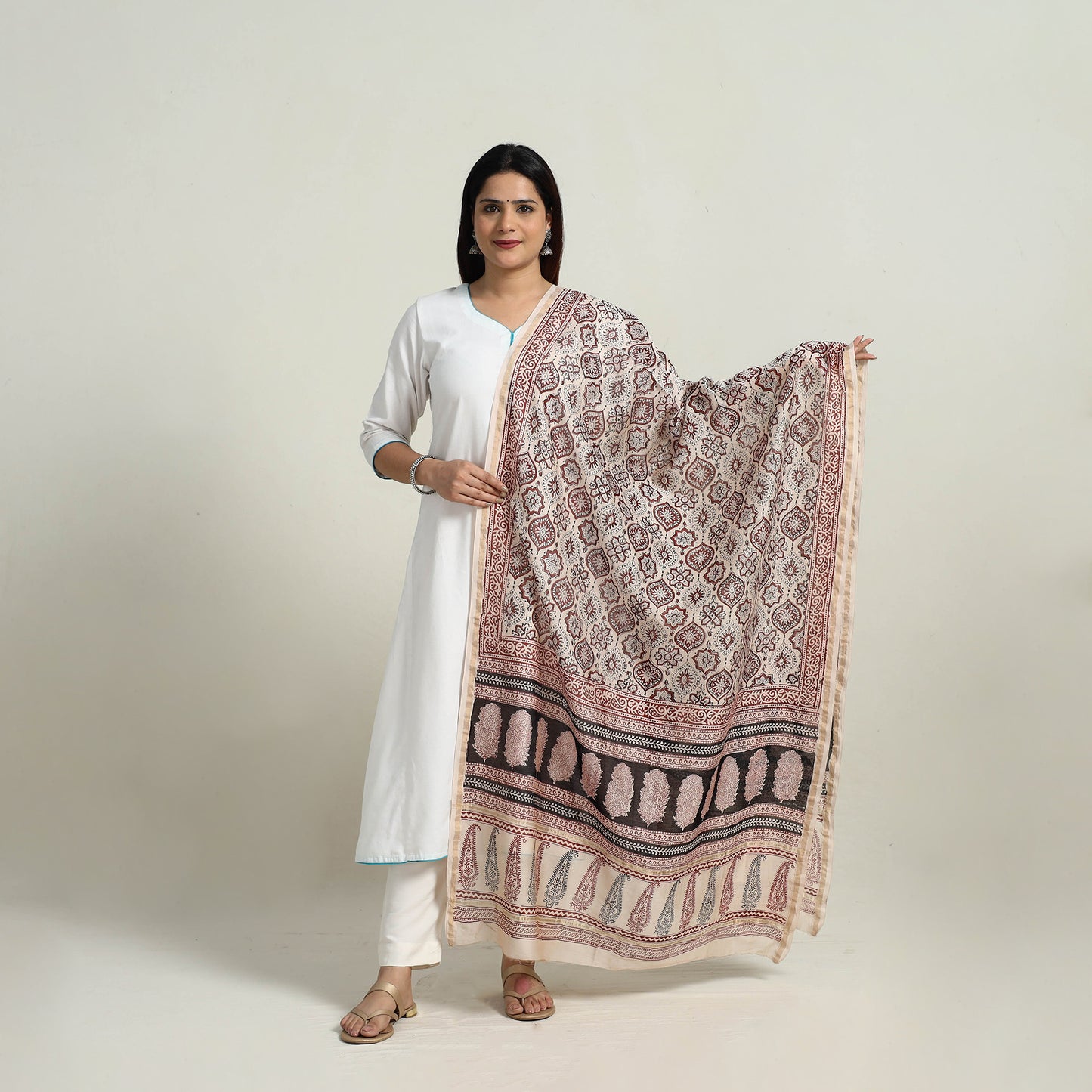 Multicolor - Natural Dyed Hand Block Print Chanderi Silk Bagh Dupatta 18