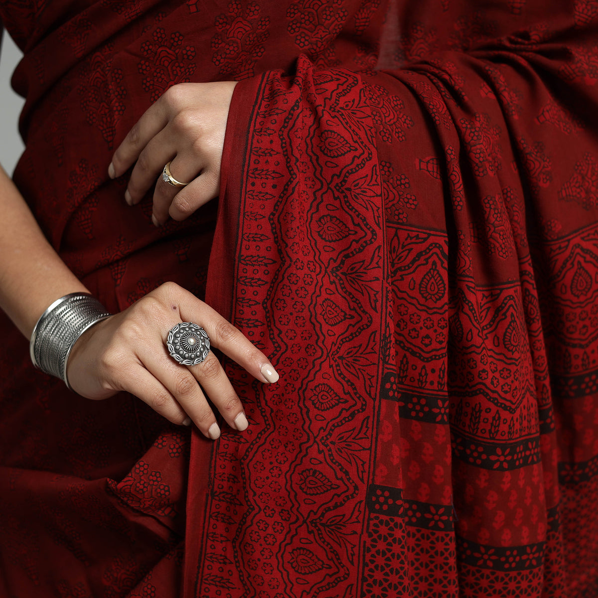 Red - Hand Block Printed Cotton Bagh Saree 11