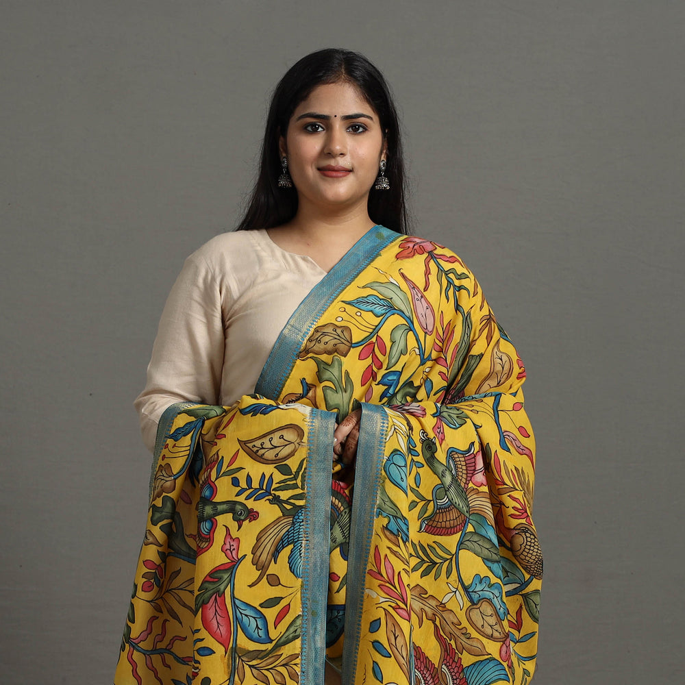 Yellow - Chanderi Silk Srikalahasti Handpainted Pen Kalamkari Dupatta 27