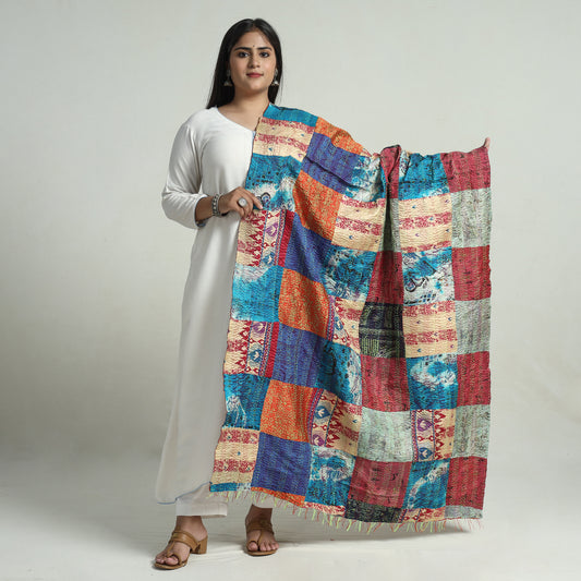 Multicolor - Bengal Kantha Embroidery Patchwork Reversible Silk Dupatta 51