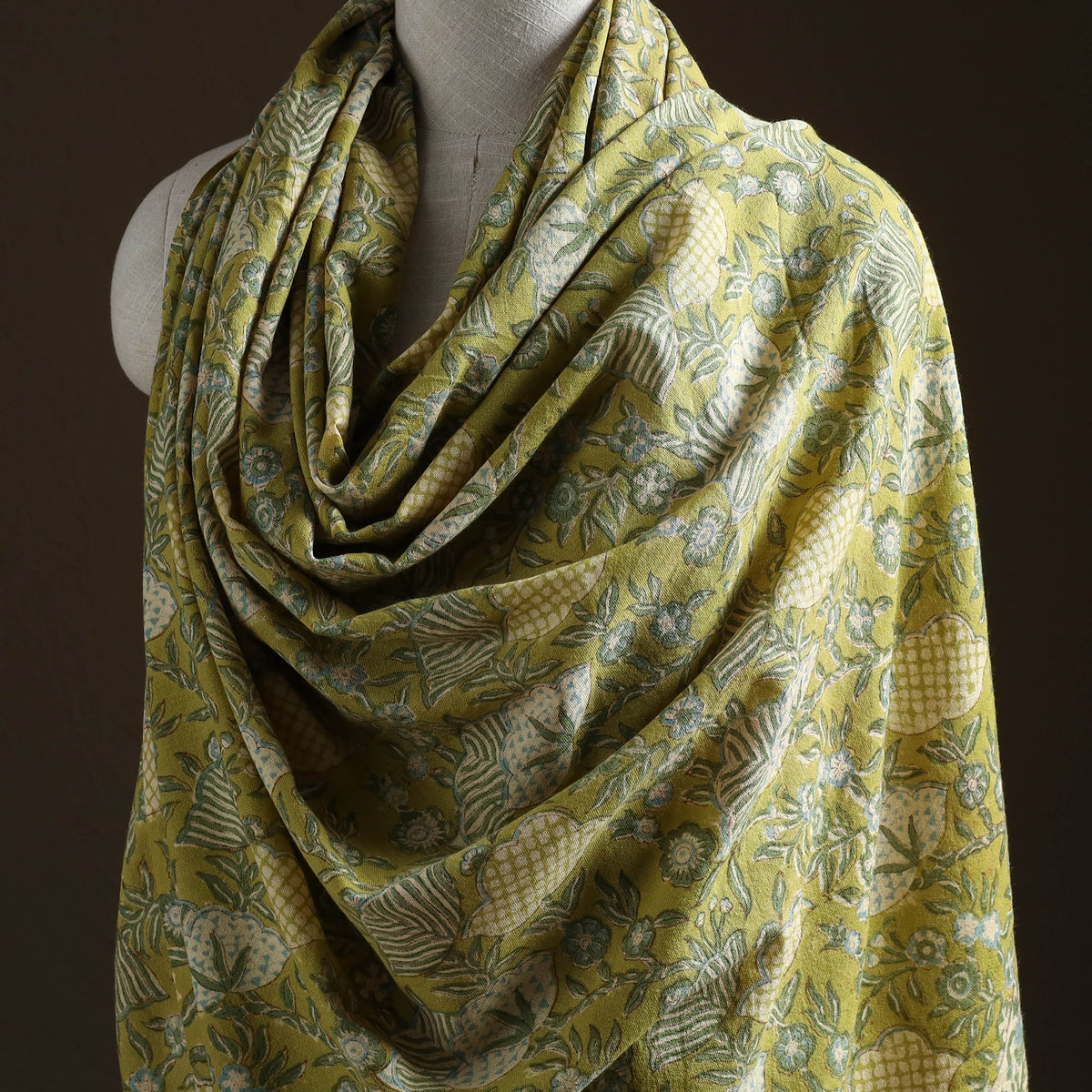 Floral Sanganeri Print Pure Merino Wool Handwoven Shawl 92