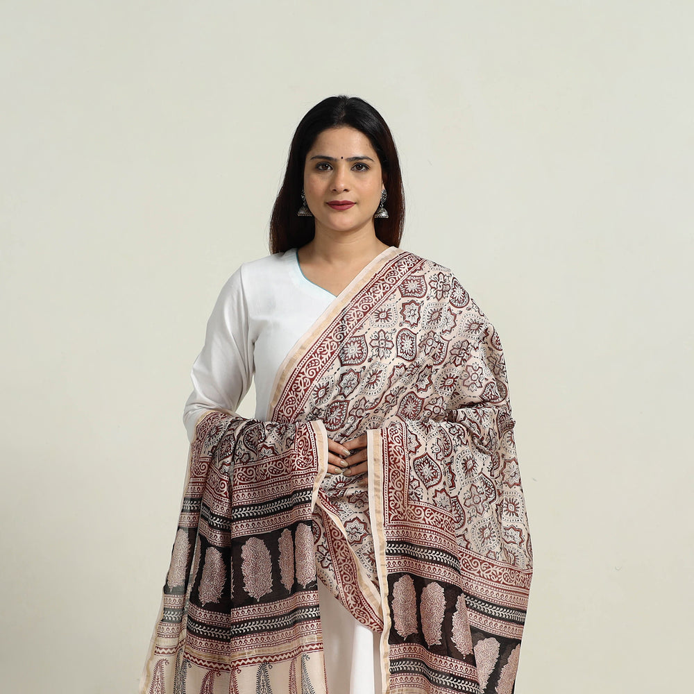 Multicolor - Natural Dyed Hand Block Print Chanderi Silk Bagh Dupatta 18