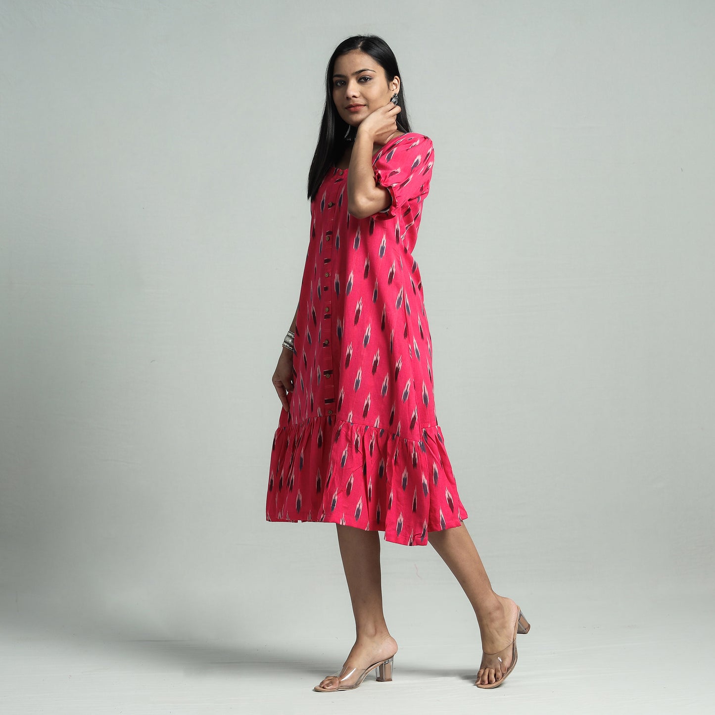Pink - Pochampally Ikat Cotton Flared Dress
