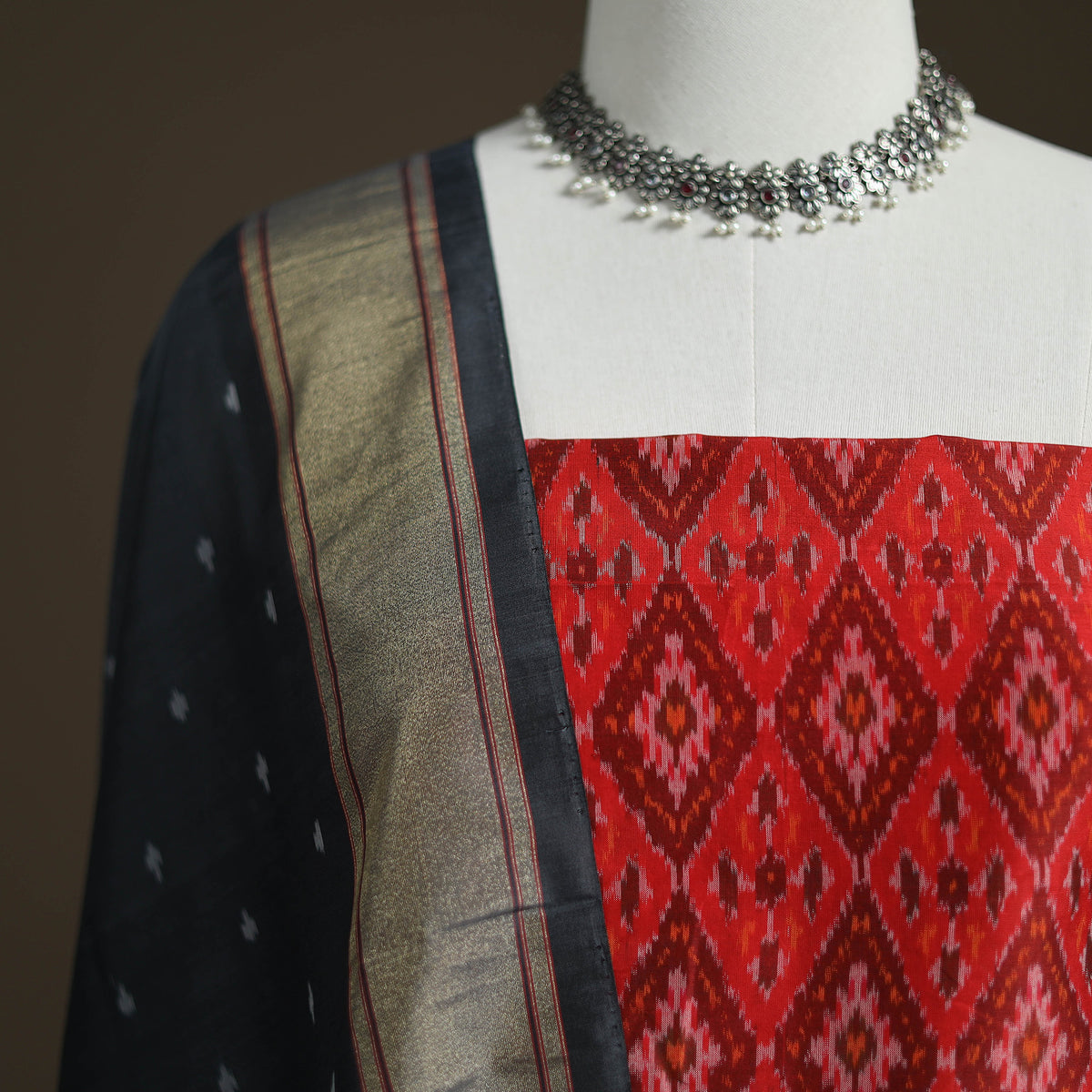 Pochampally Ikat Handloom Sico Unstitched Dress Material: Kurta with Dupatta 05