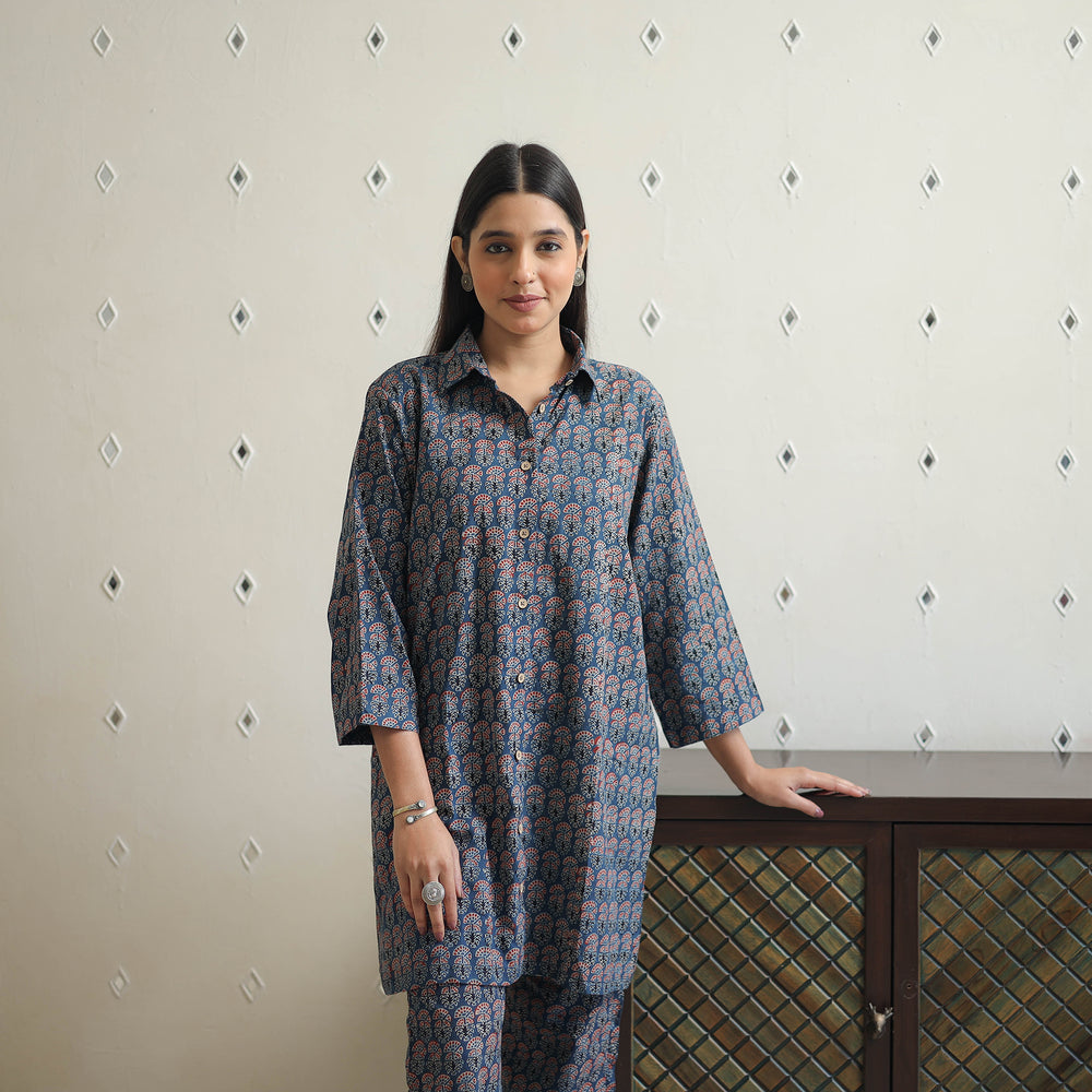 Blue - Block Printed Cotton Ajrakh Co-ord Set 02