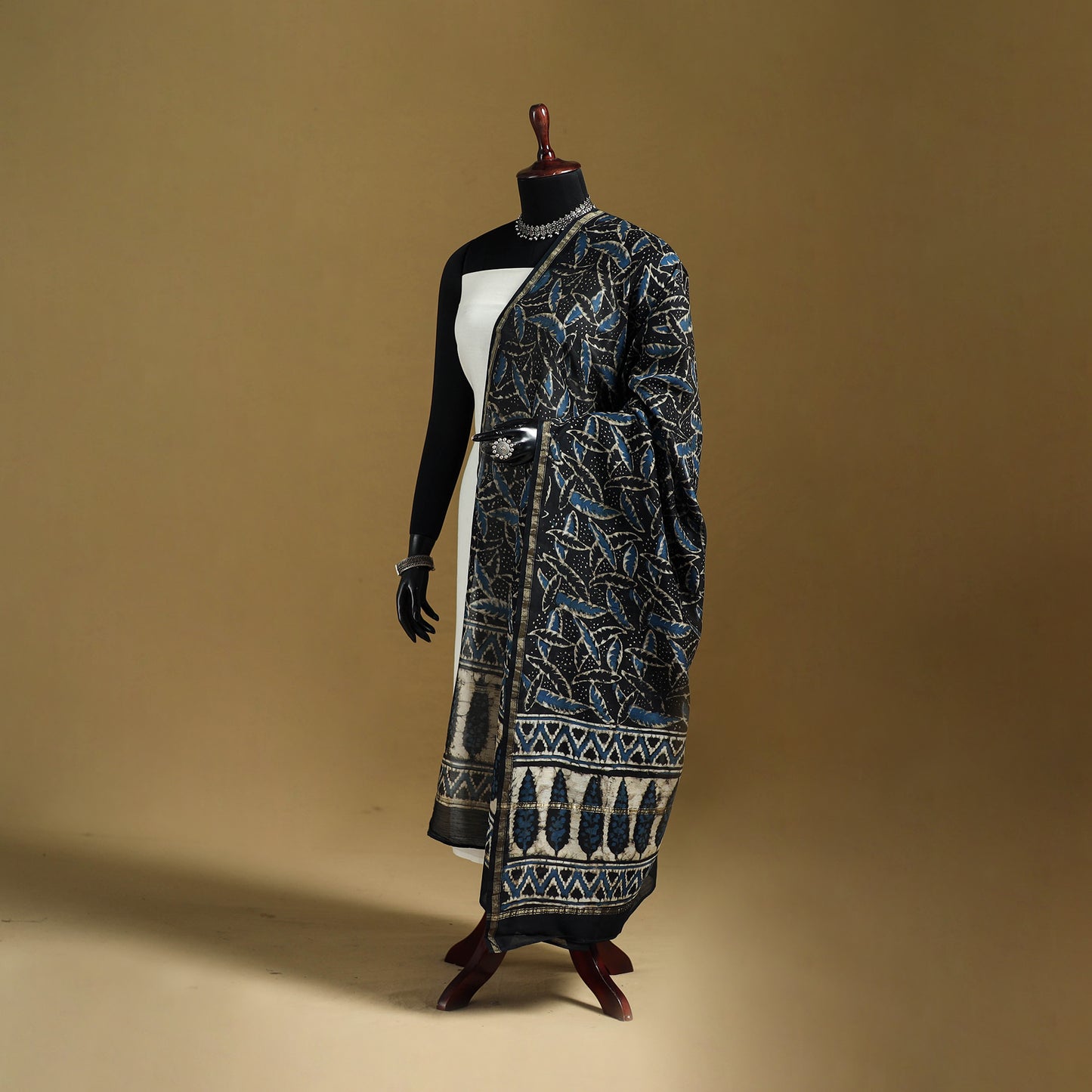 Black - Pipad Hand Block Print Natural Dyed Chanderi Silk Handloom Dupatta 27