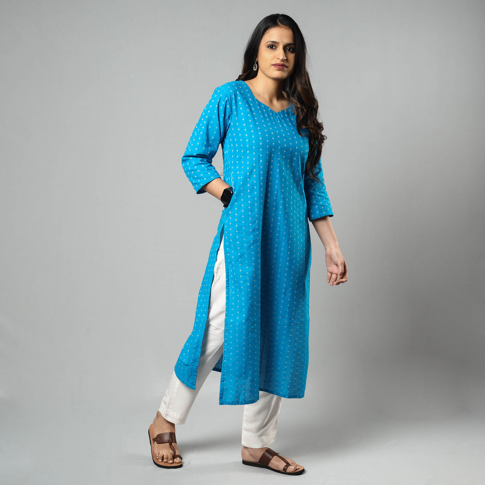 Blue - Jacquard Cotton Long Kurta