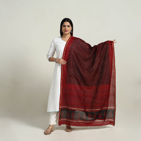 Red - Natural Dyed Hand Block Print Chanderi Silk Bagh Dupatta 19