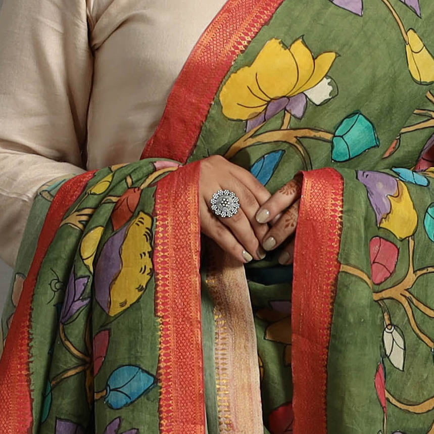 Green - Chanderi Silk Srikalahasti Handpainted Pen Kalamkari Dupatta 28