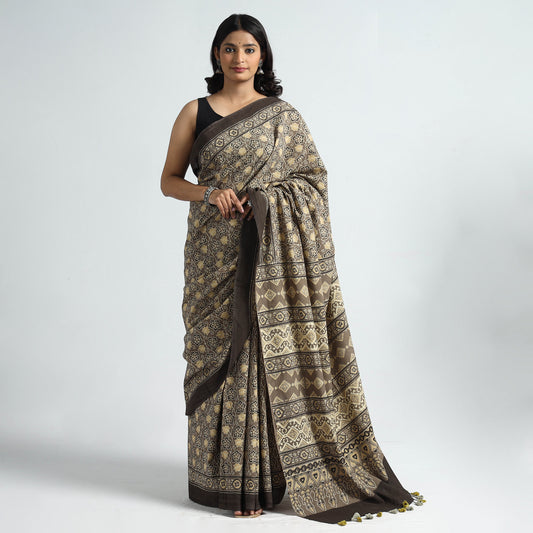 Brown - Ajrakh Block Printed Cotton Natural Dyed Saree with Tassels