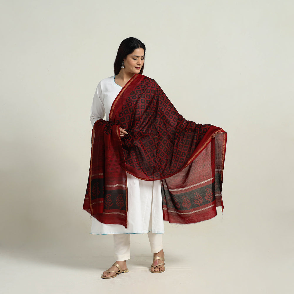 Red - Natural Dyed Hand Block Print Chanderi Silk Bagh Dupatta 19