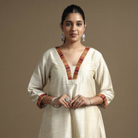 Beige - Plain Solid Slub Silk Mashru Patchwork Kurta