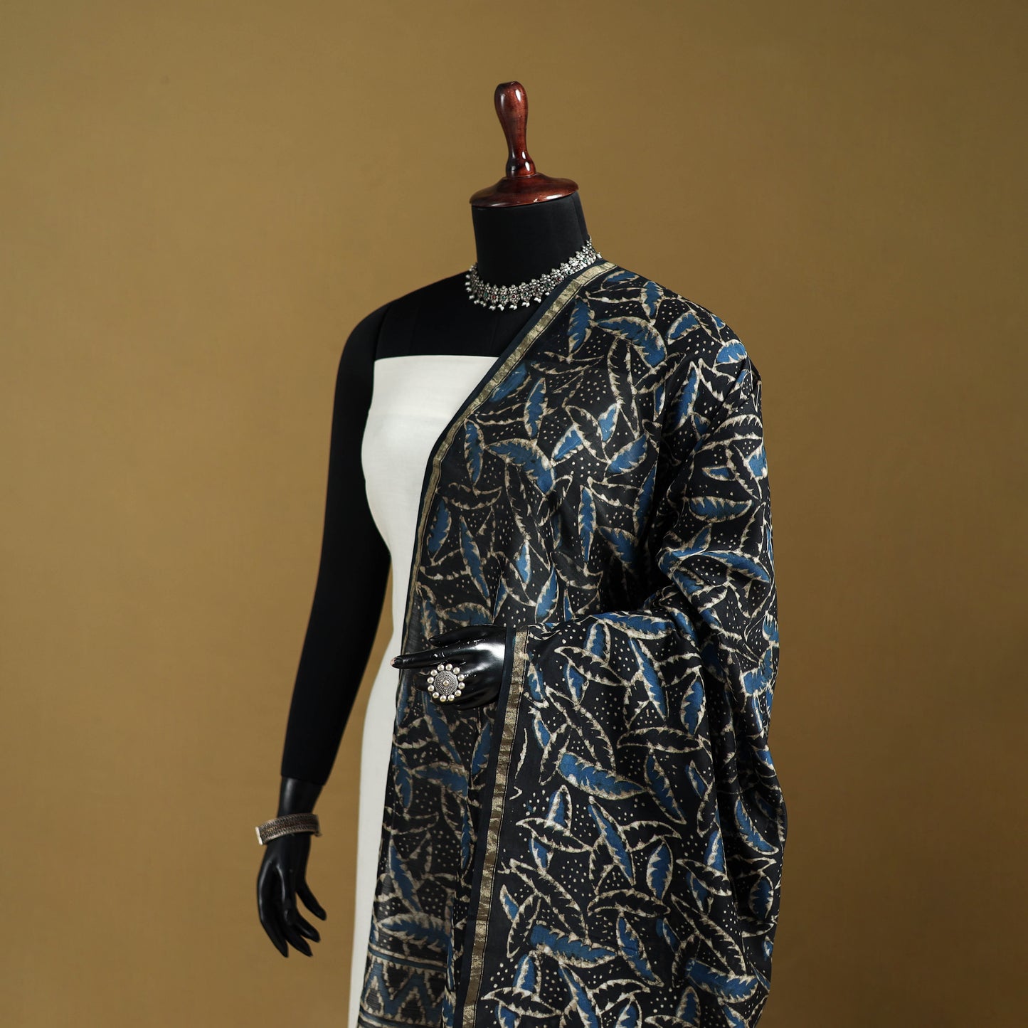 Black - Pipad Hand Block Print Natural Dyed Chanderi Silk Handloom Dupatta 27
