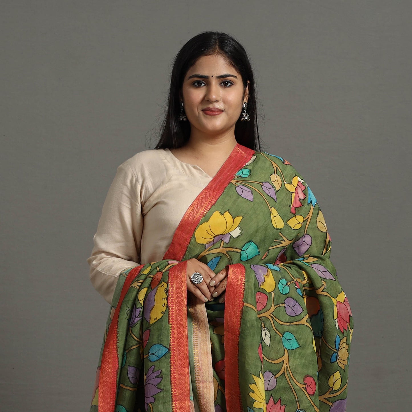 Green - Chanderi Silk Srikalahasti Handpainted Pen Kalamkari Dupatta 28