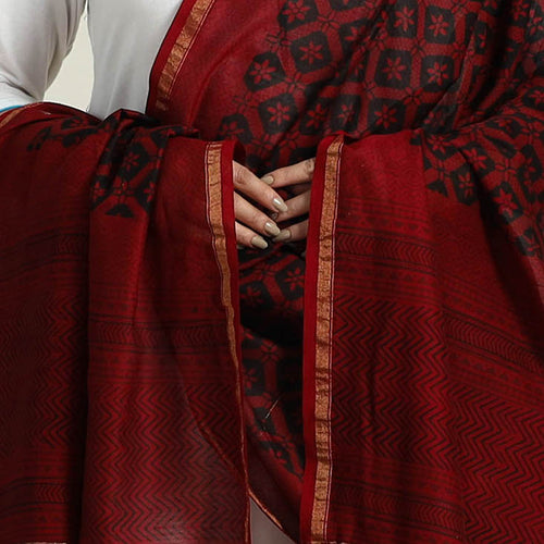 Red - Natural Dyed Hand Block Print Chanderi Silk Bagh Dupatta 19