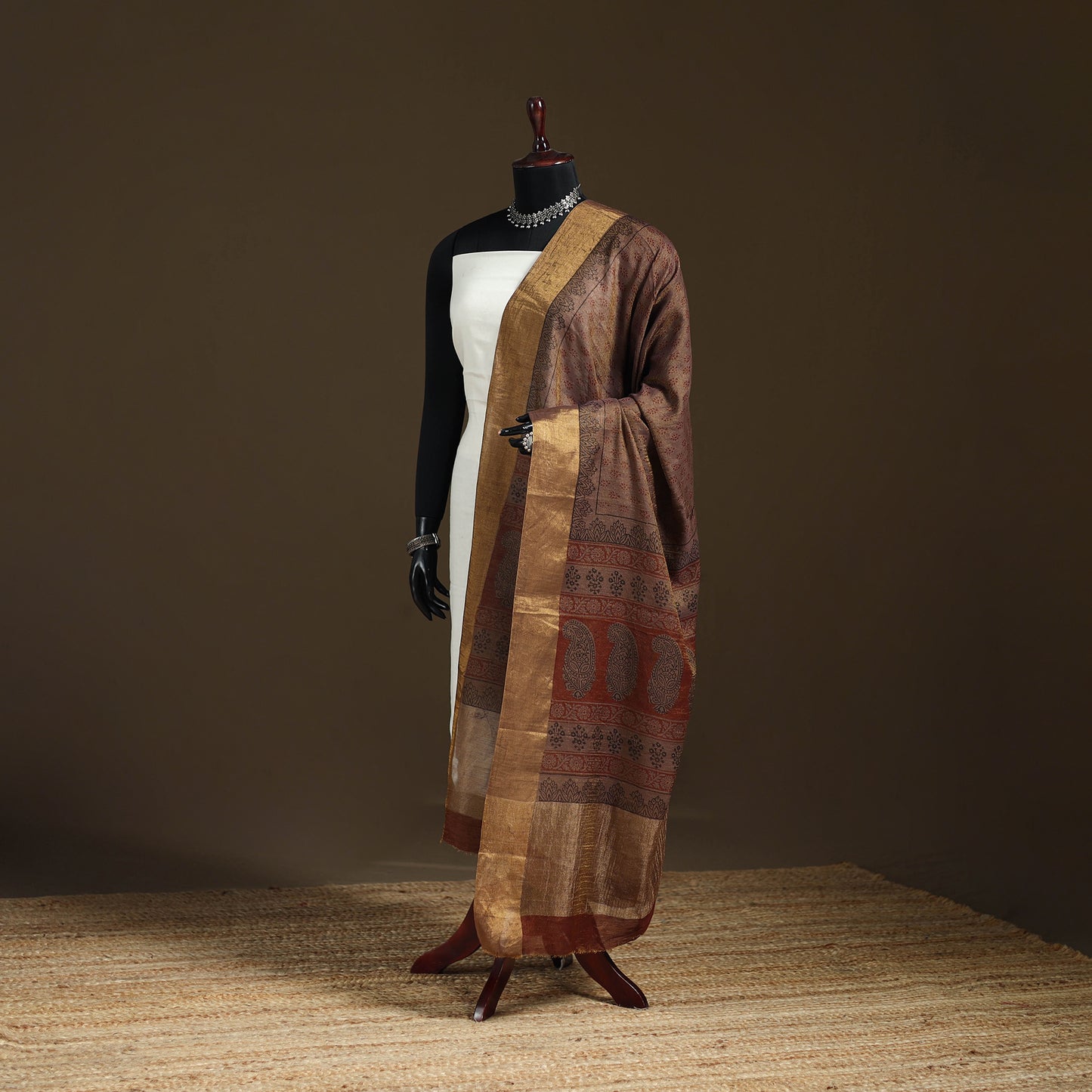 Bagh Hand Block Print Natural Dyed Tissue Zari Chanderi Silk Dupatta 33