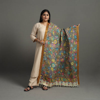 Grey - Chanderi Silk Srikalahasti Handpainted Pen Kalamkari Dupatta 29