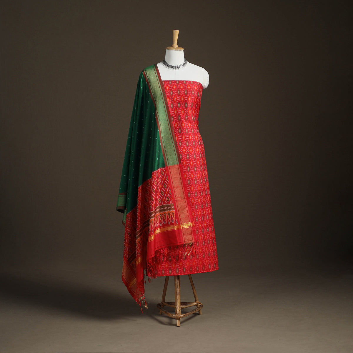 Pochampally Ikat Handloom Sico Unstitched Dress Material: Kurta with Dupatta 06