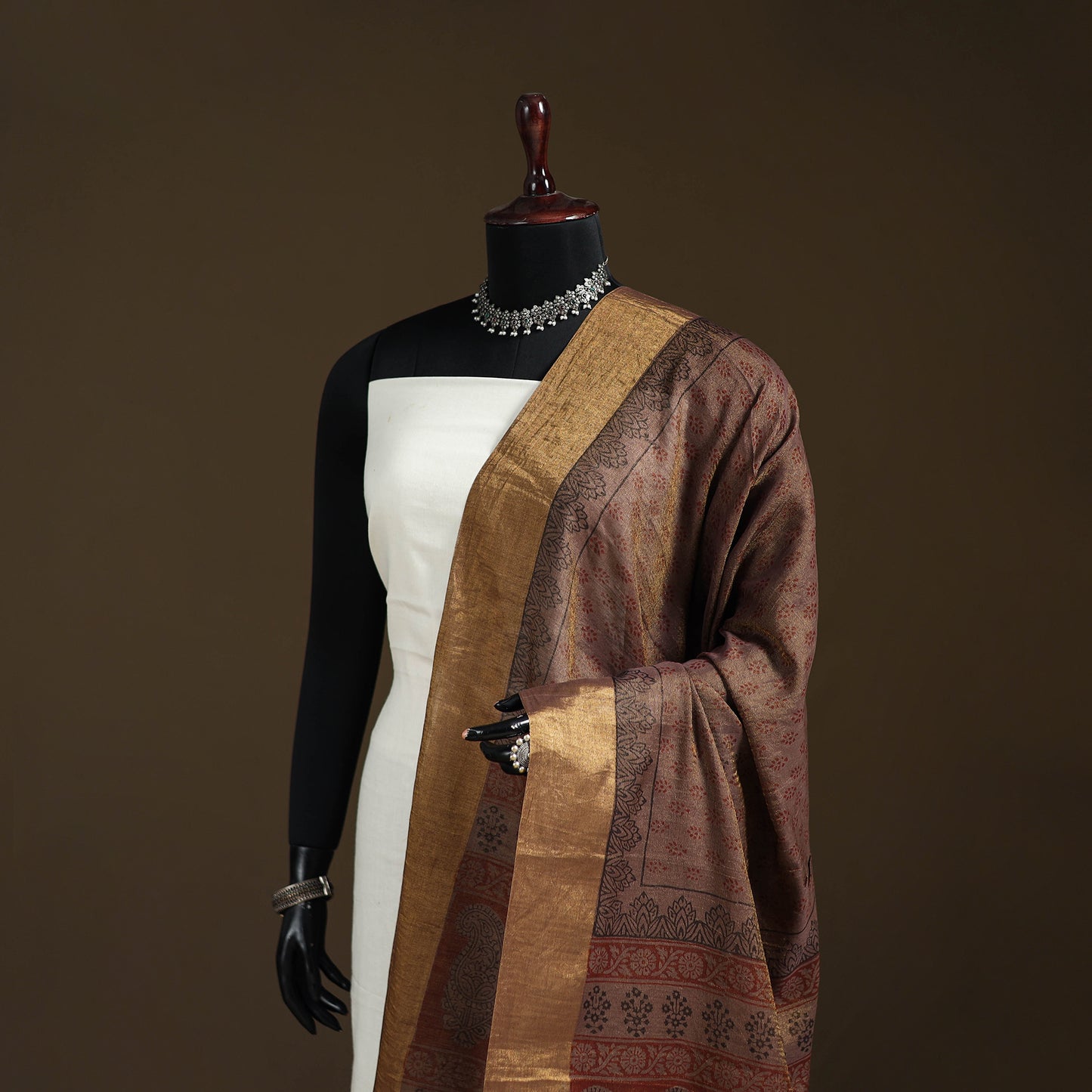 Bagh Hand Block Print Natural Dyed Tissue Zari Chanderi Silk Dupatta 33