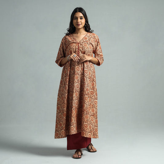 Brown - Pedana Kalamkari Block Printed Cotton Kurta with Palazzo Set