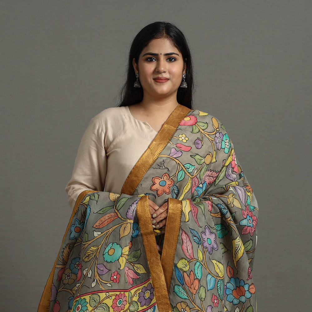 Grey - Chanderi Silk Srikalahasti Handpainted Pen Kalamkari Dupatta 29