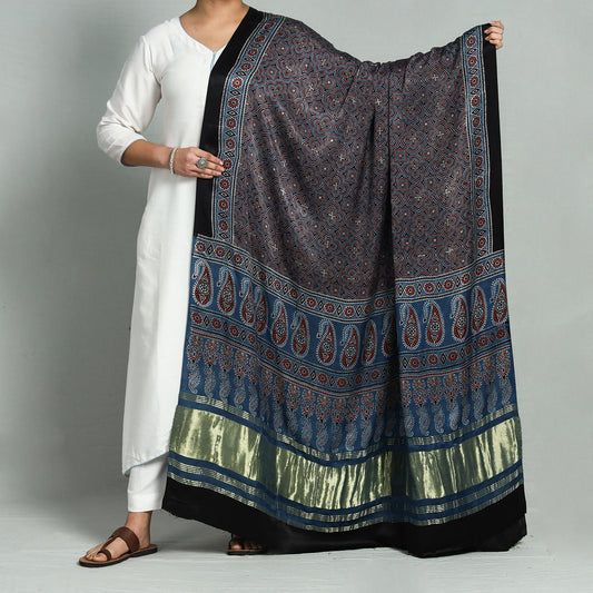 Blue - Ajrakh Hand Block Printed Modal Silk Dupatta with Zari Border