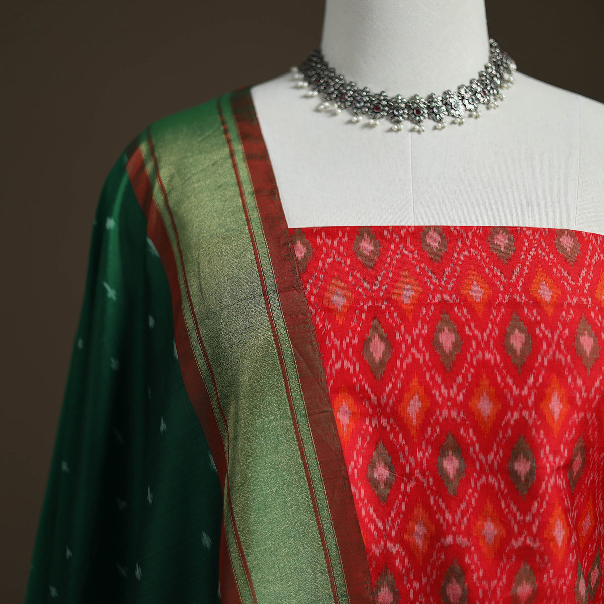 Pochampally Ikat Handloom Sico Unstitched Dress Material: Kurta with Dupatta 06