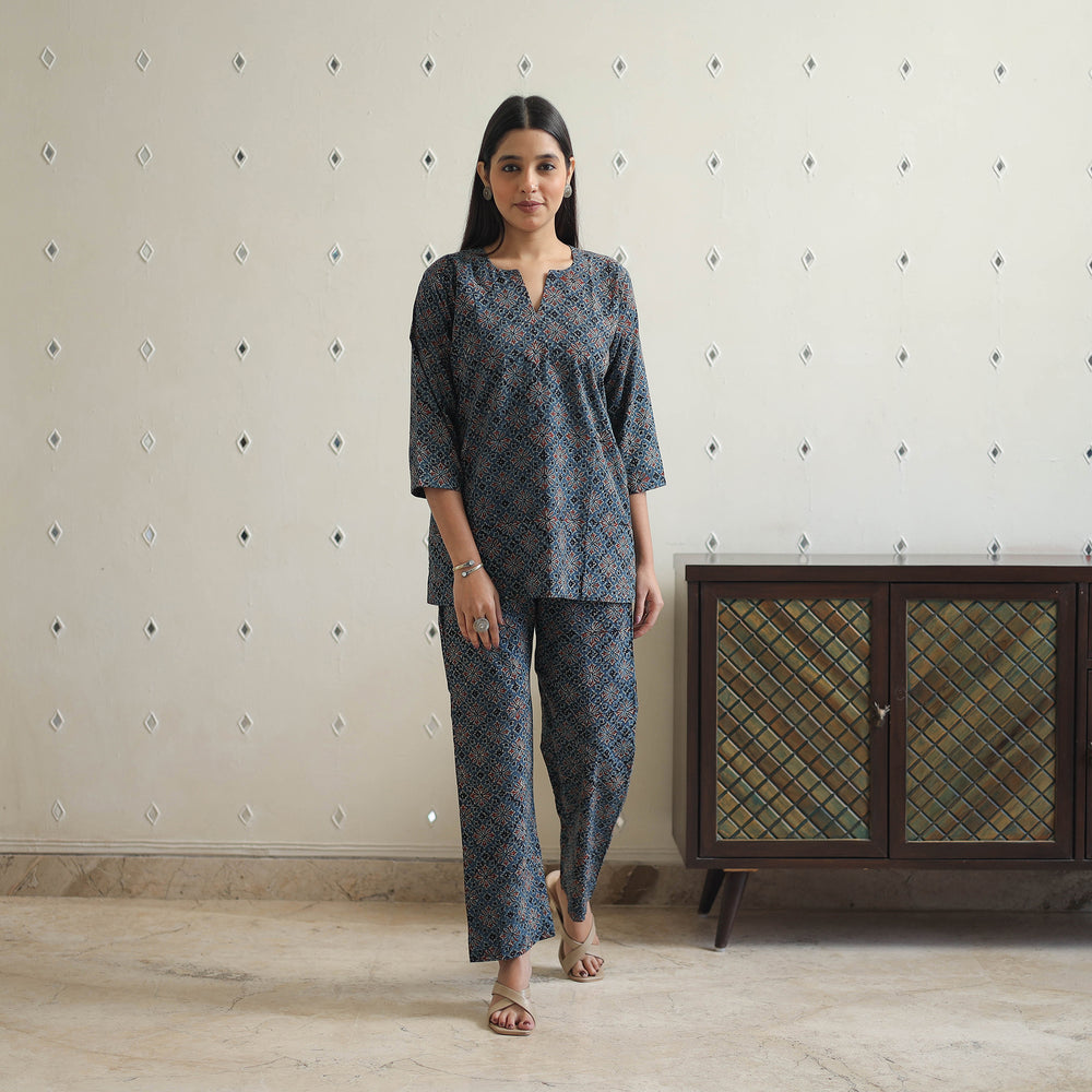 Blue - Block Printed Cotton Ajrakh Co-ord Set 23