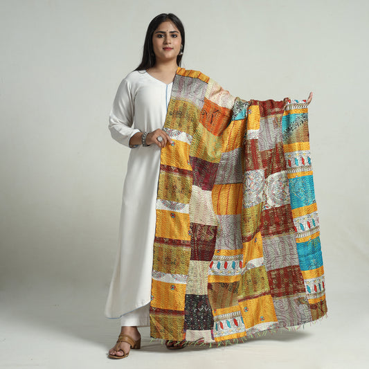 Multicolor - Bengal Kantha Embroidery Patchwork Reversible Silk Dupatta 53