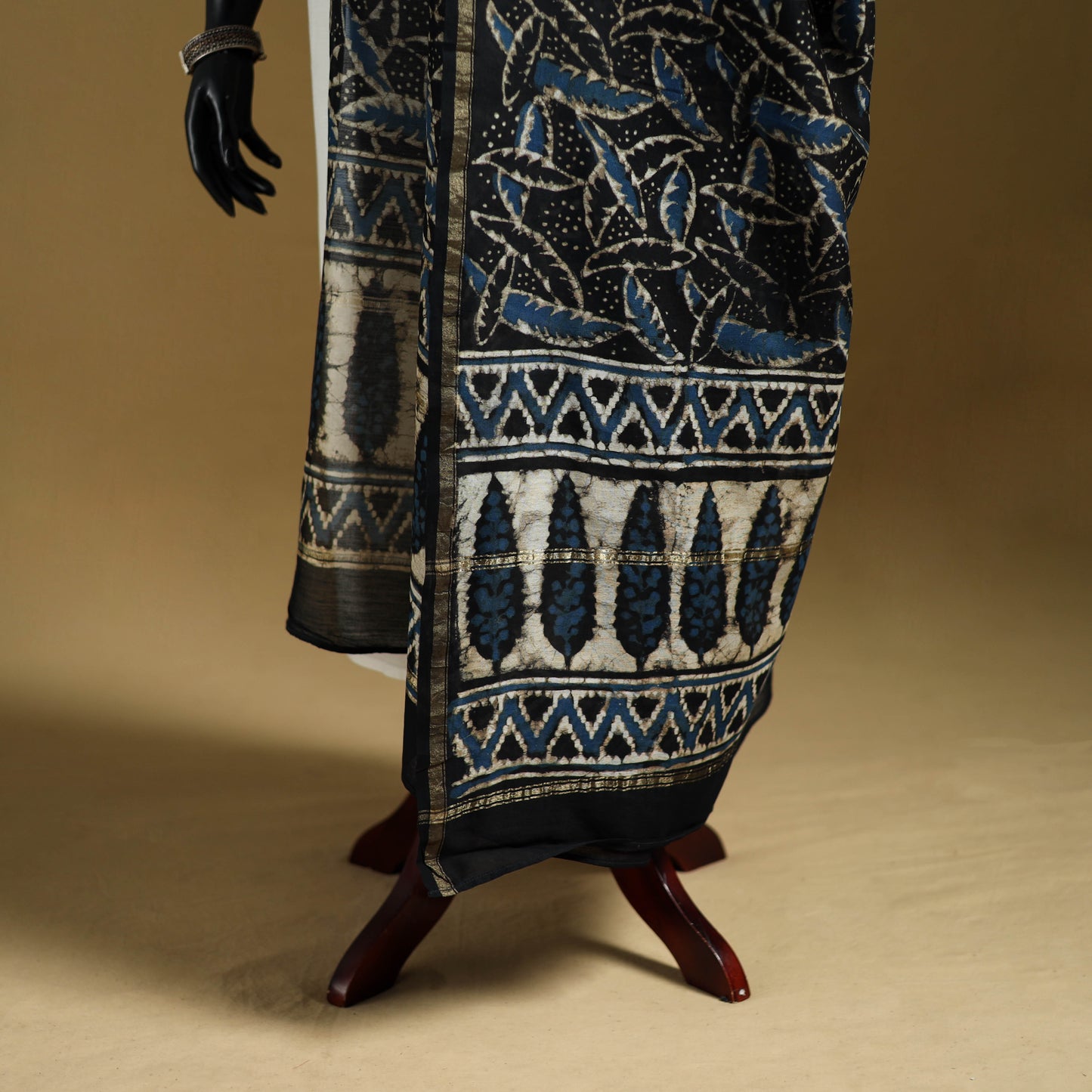 Black - Pipad Hand Block Print Natural Dyed Chanderi Silk Handloom Dupatta 27