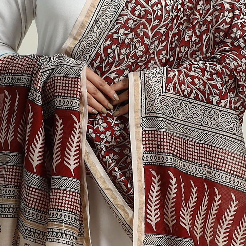 Red - Natural Dyed Hand Block Print Chanderi Silk Bagh Dupatta 20