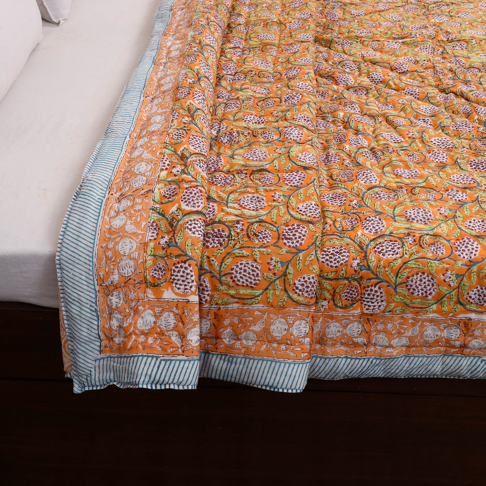 Orange - Double - Reversible Sanganeri Block Print Cotton Quilt 26