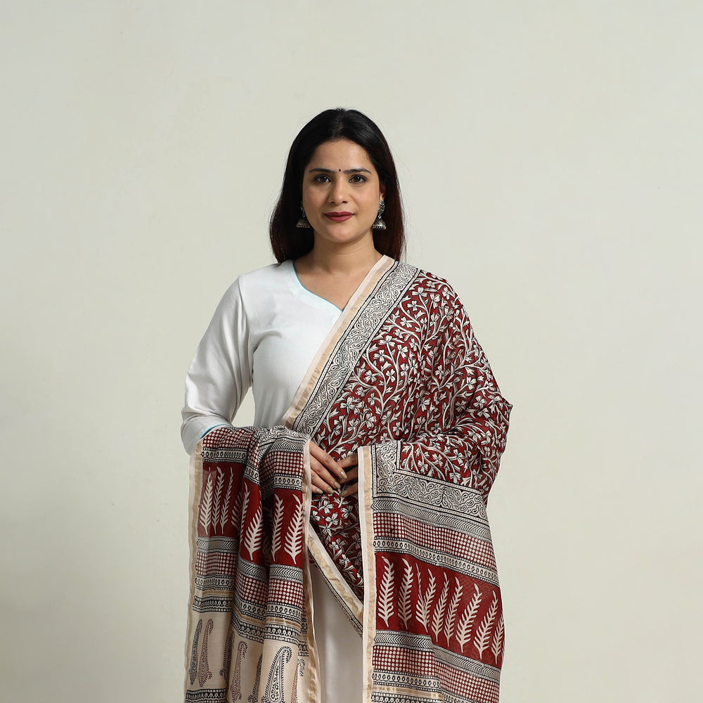 Red - Natural Dyed Hand Block Print Chanderi Silk Bagh Dupatta 20