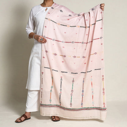 Peach - Bengal Kantha Hand Embroidery Silk Cotton Dupatta 07