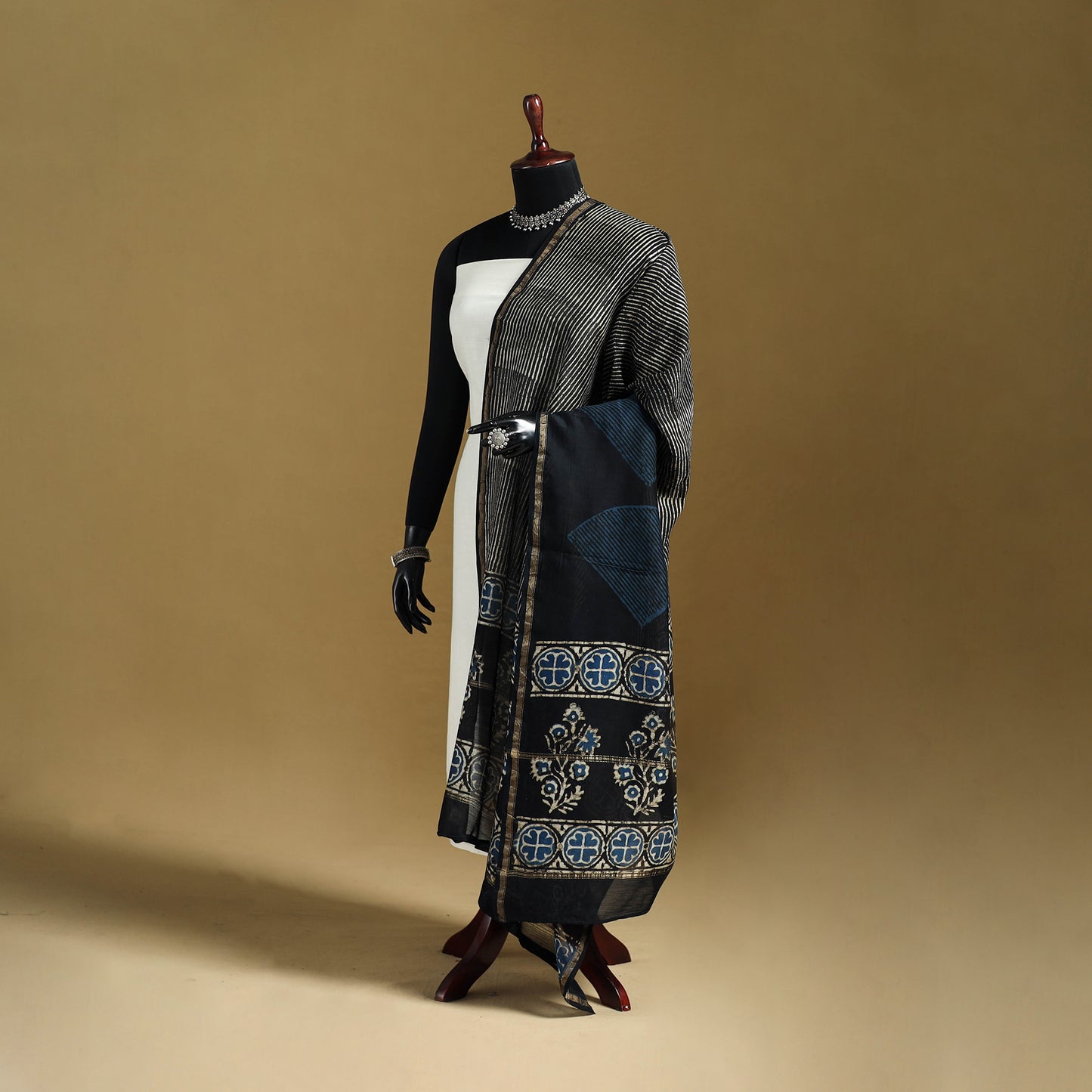 Black - Pipad Hand Block Print Natural Dyed Chanderi Silk Handloom Dupatta 28