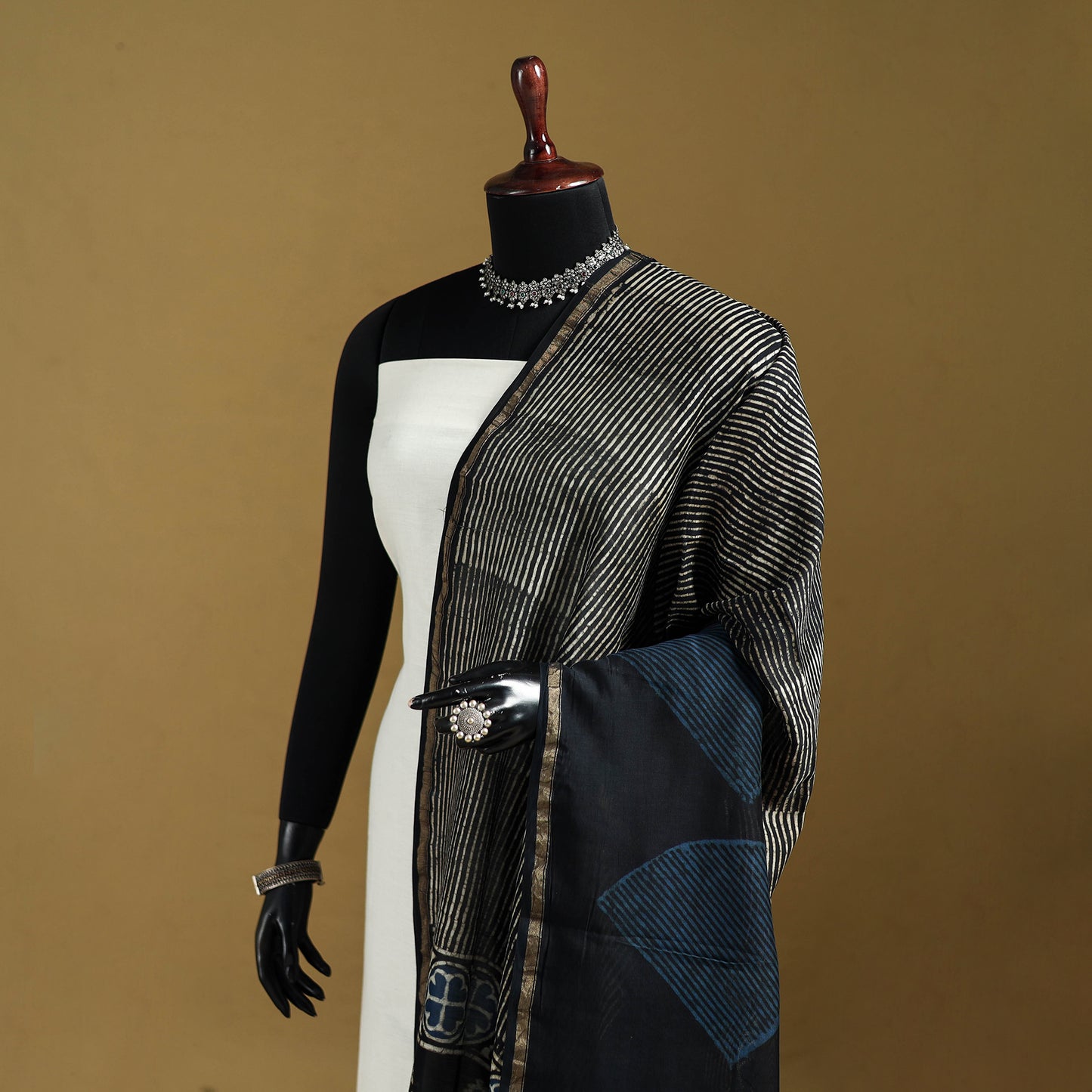 Black - Pipad Hand Block Print Natural Dyed Chanderi Silk Handloom Dupatta 28