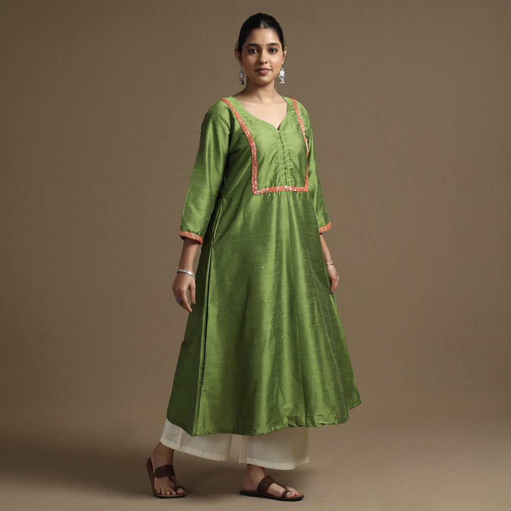 Apple Green - Plain Solid Slub Silk A-Line Kurta with Beadwork Hand Embroidery Lace