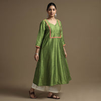 Apple Green - Plain Solid Slub Silk A-Line Kurta with Beadwork Hand Embroidery Lace