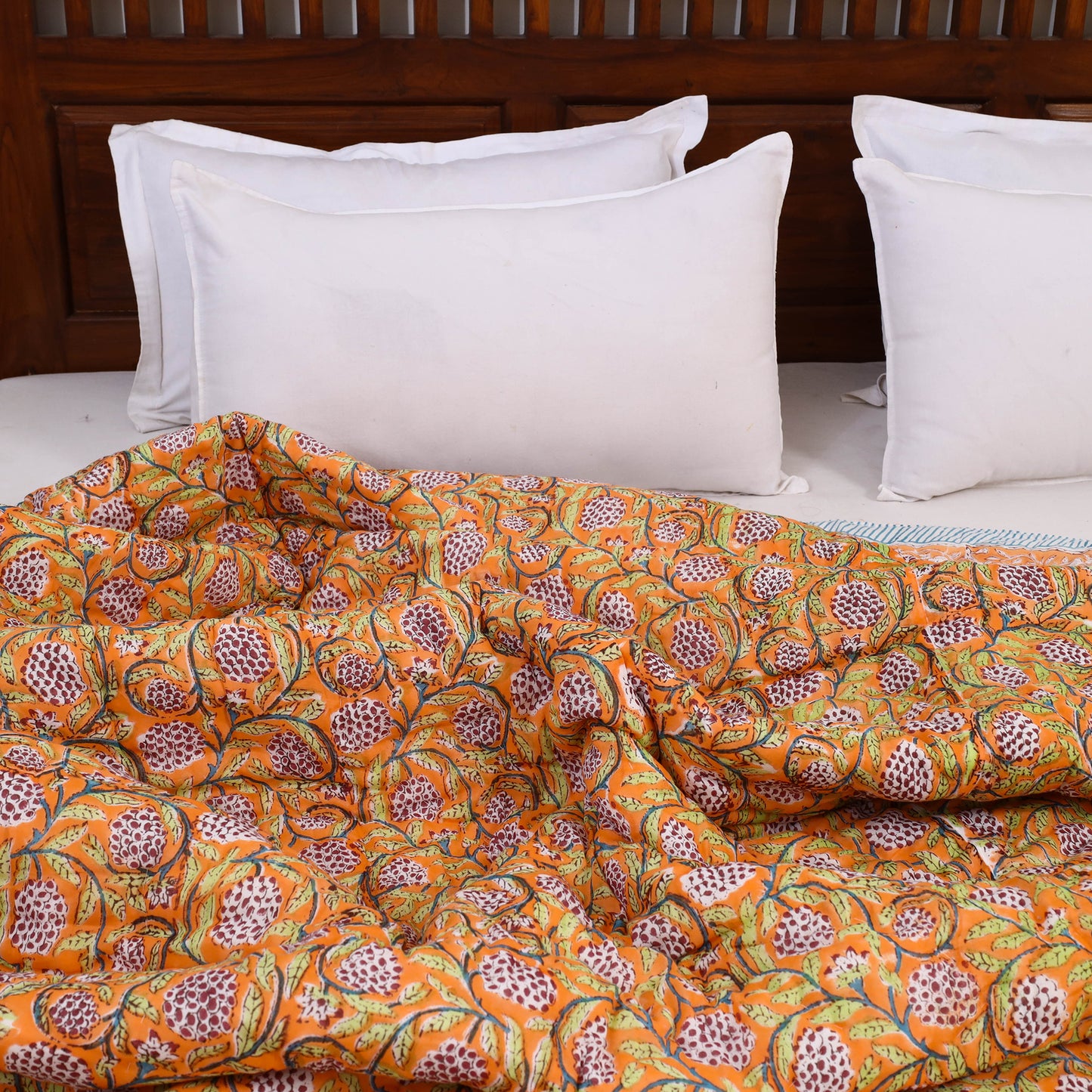 Orange - Double - Reversible Sanganeri Block Print Cotton Quilt 26