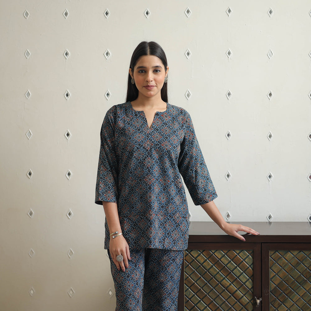 Blue - Block Printed Cotton Ajrakh Co-ord Set 23