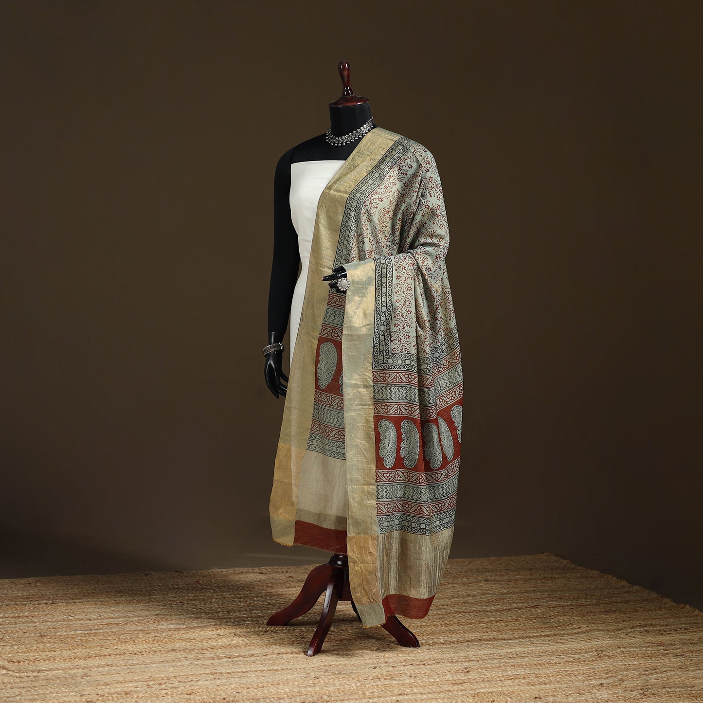 Bagh Hand Block Print Natural Dyed Tissue Zari Chanderi Silk Dupatta 34