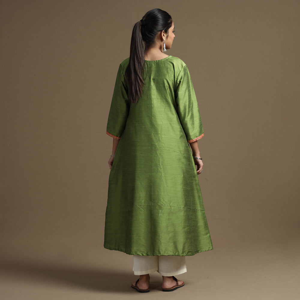 Apple Green - Plain Solid Slub Silk A-Line Kurta with Beadwork Hand Embroidery Lace