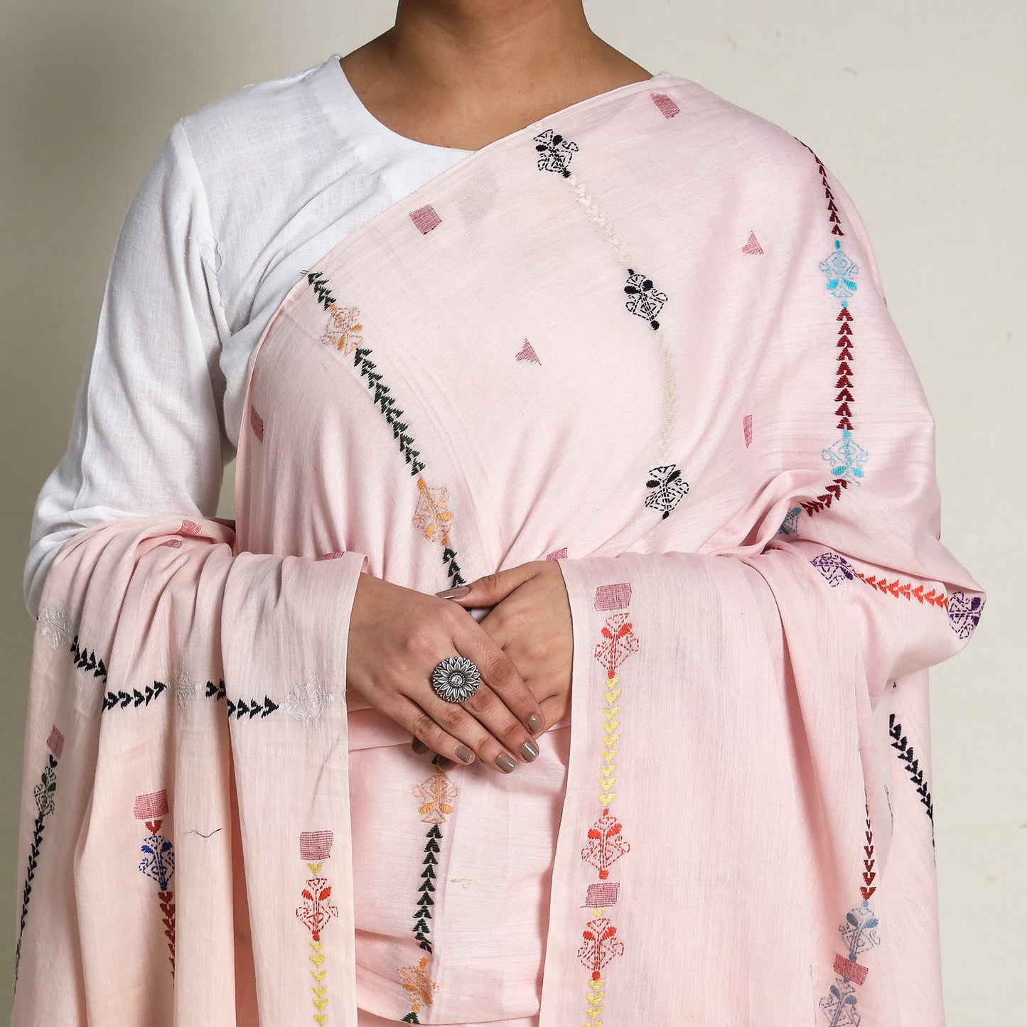 Peach - Bengal Kantha Hand Embroidery Silk Cotton Dupatta 07
