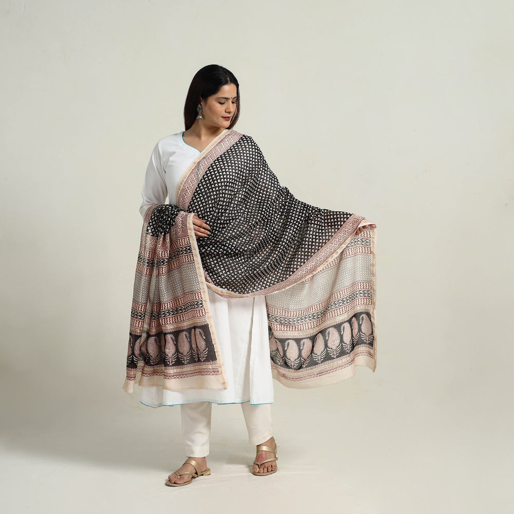 Black - Natural Dyed Hand Block Print Chanderi Silk Bagh Dupatta 22