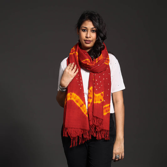 Red - Kutch Handwoven Bandhani & Shibori Tie-dye Pure Merino Wool Stole